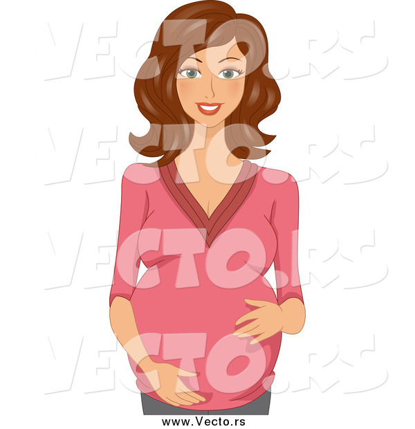 Vector of a Beautiful Brunette Caucasian Pregnant Woman in a Pink Shirt Holding Her Belly