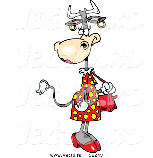 Vector of a Beautifull Skinny Cow Wearing Dress While Carrying a Purse - Cartoon Design