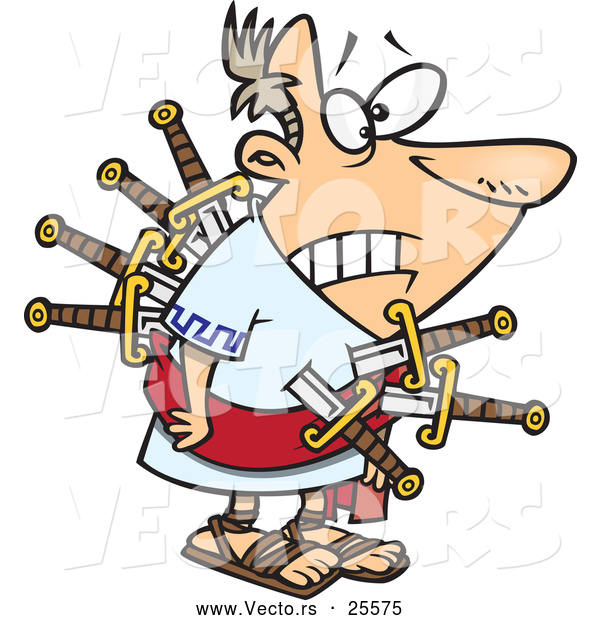 Vector of a Betrayed Cartoon Julius Caesar Stabbed with 7 Swords on the Ides of March