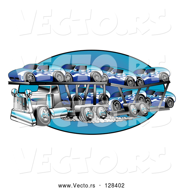 Vector of a Big Rig Transporting New Blue Cars