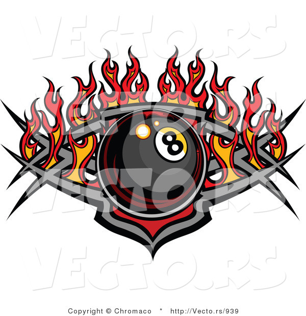Vector of a Billiards Eight Ball over Tribal Design with Flames