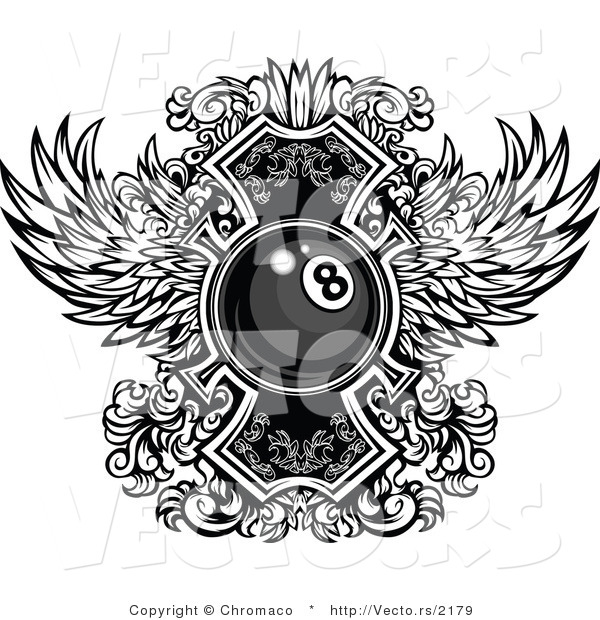 Vector of a Billiards Eight Ball with Ornate Wings Design - Black and White