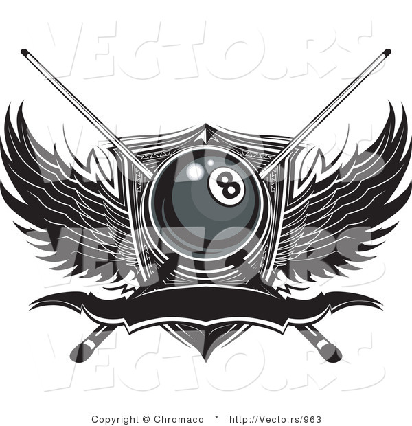 Vector of a Billiards Number Eight Ball with Pool Sticks over Wings and Blank Banner
