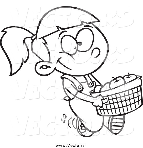 Vector of a Black and White Girl Carrying a Bushel of Apples