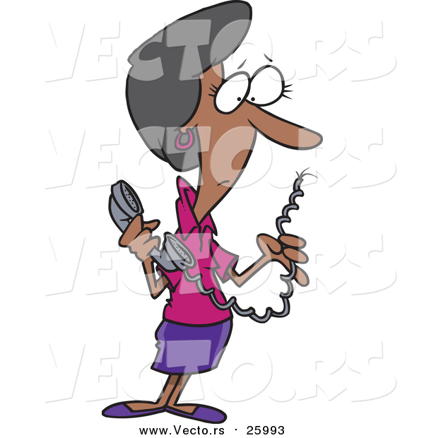 Vector of a Black Business Woman Holding a Landline Phone with a Cut Cord