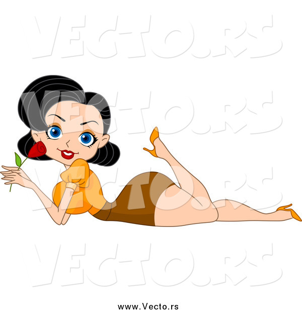 Vector of a Black Haired Pinup Woman Holding a Rose