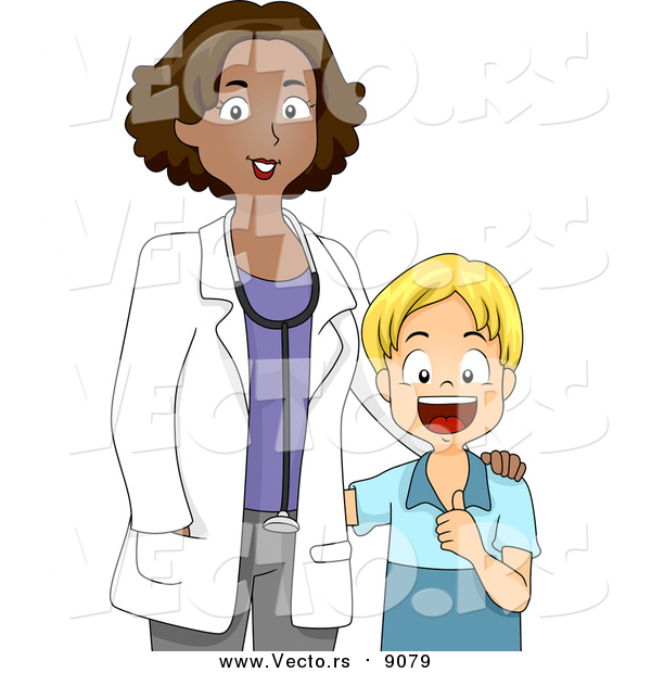 Vector of a Black Pediatrician Doctor Standing Beside a Healthy Happy White Boy - Cartoon Style