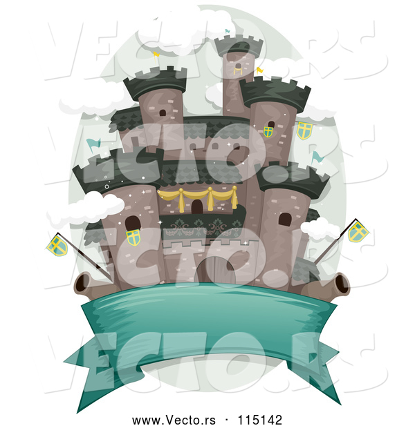 Vector of a Blank Banner Under a Medieval Castle with Flags and Cannons