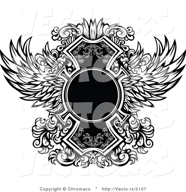 Vector of a Blank Circle Within Ornate Black and White Wings Design