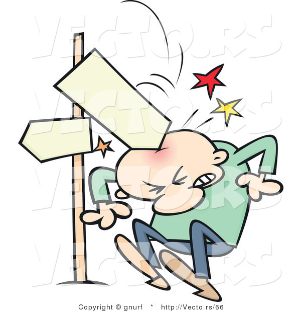 Vector of a Blank Direction Street Sign Injuring a Cartoon Guy on the Head