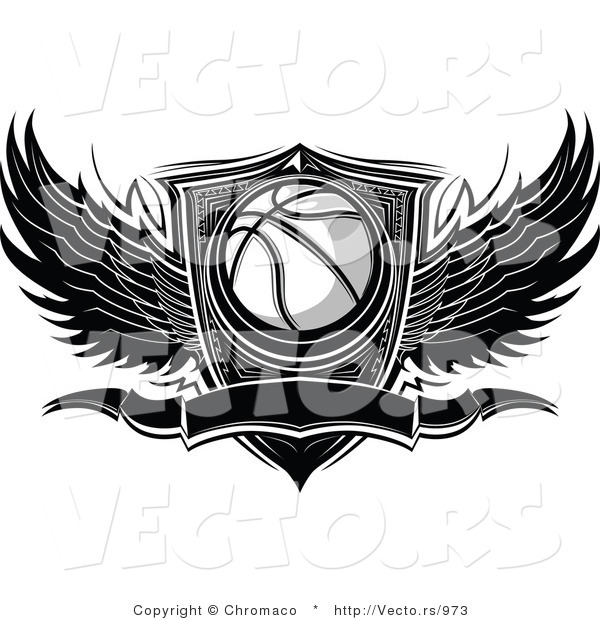 Vector of a Blank Winged Basketball Banner over Shield - Black and White