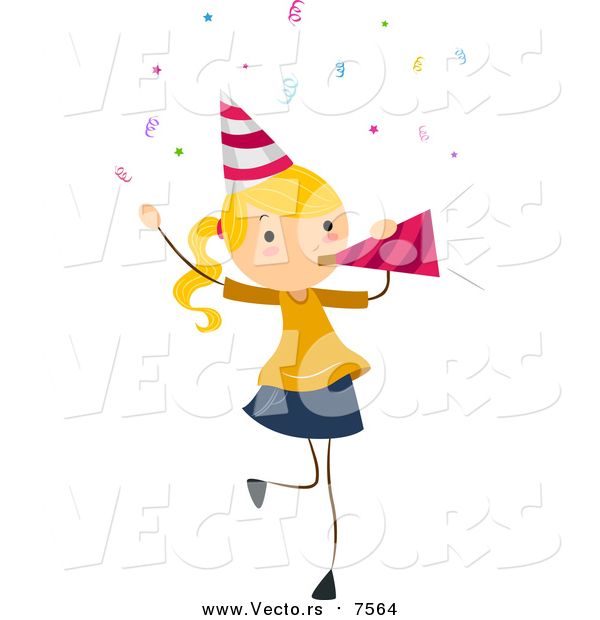 Vector of a Blond Birthday Girl Blowing a Party Horn