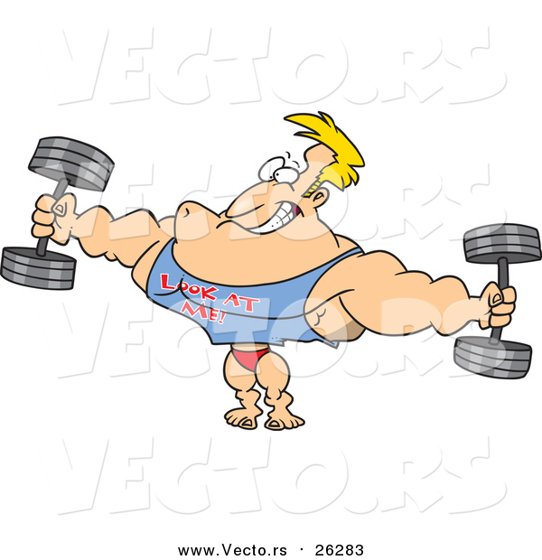 Vector of a Blond Buff Male Bodybuilder Wearing a Look at Me Shirt and Lifting Weights