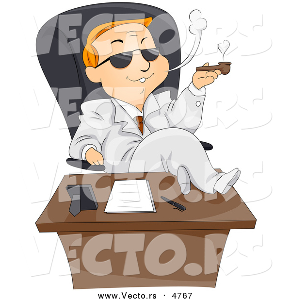 Vector of a Blond Business Man with His Feet up on His Desk, Smoking a Pipe