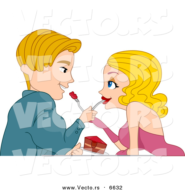 Vector of a Blond Caucasian Couple Feeding Each Other Cake