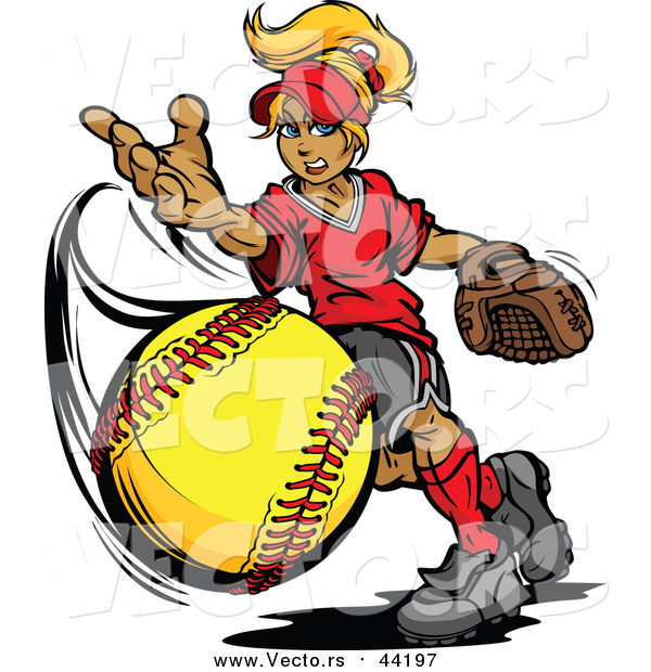 Vector of a Blond Caucasian Tomboy Girl Pitching a Softball