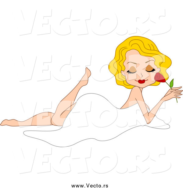 Vector of a Blond Caucasian Woman Draped in a Sheet and Smelling a Rose