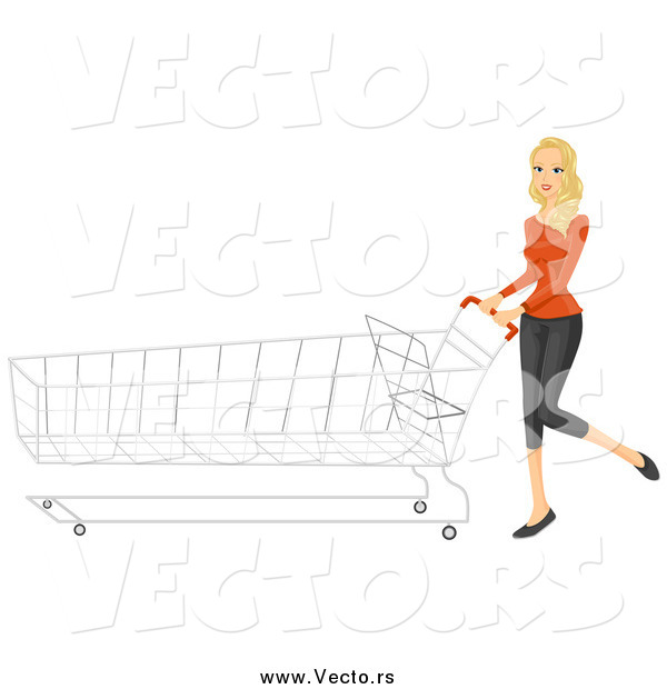 Vector of a Blond White Shopping Woman Pushing a Long Cart