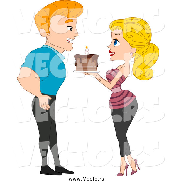 Vector of a Blond Woman Giving a Birthday Cake to Her Boyfriend