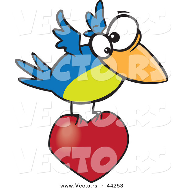 Vector of a Blue and Green Cartoon Bird Flying with a Love Heart
