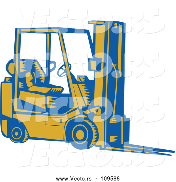 Vector of a Blue and Yellow Forklift - Woodcut Theme