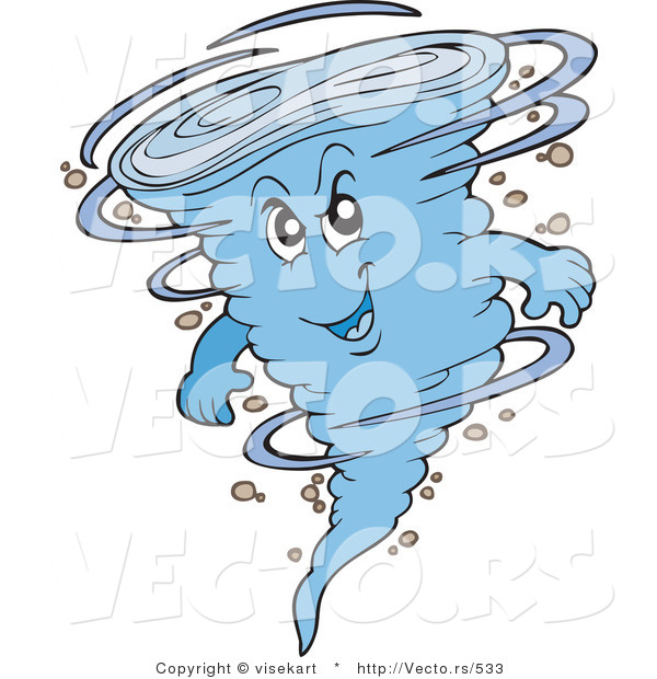 Vector of a Blue Cartoon Tornado Mascot Grinning and Spinning