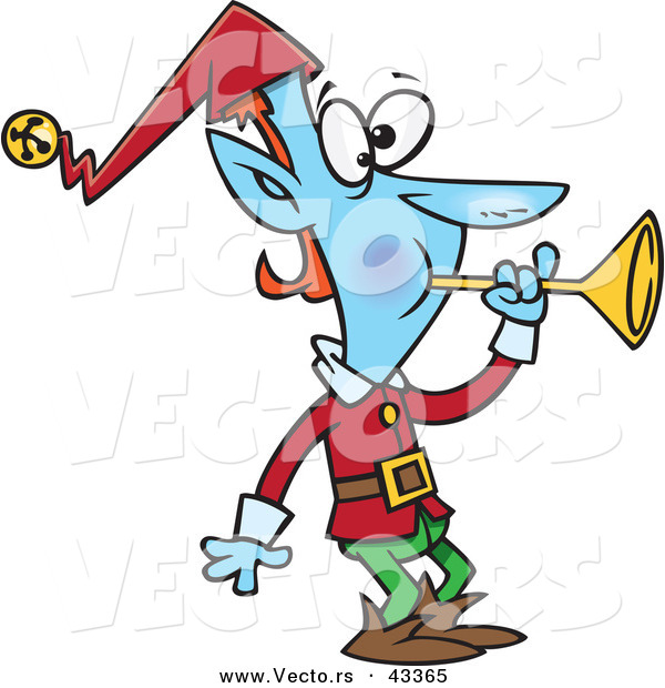 Vector of a Blue Christmas Cartoon Elf Blowing a Horn