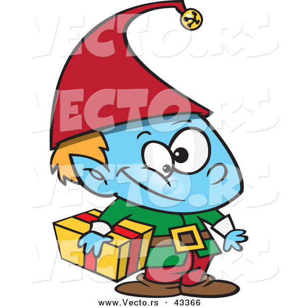 Vector of a Blue Christmas Cartoon Elf Carrying a Wrapped Present