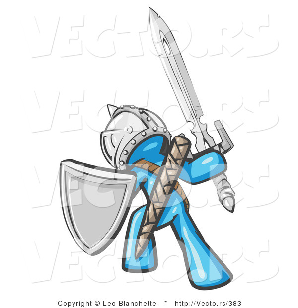 Vector of a Blue Knight with Shield and Sword Standing in Battle Mode