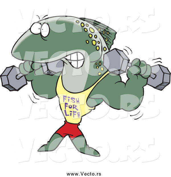 Vector of a Bodybuilding Fish Lifting Weights and Wearing a Fish for Life Shirt