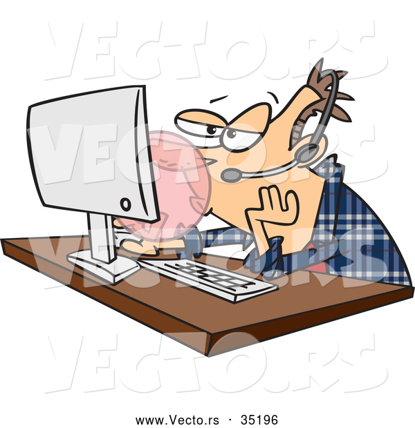 Vector of a Bored Cartoon Customer Support Worker Blowing Bubble Gum While Working in Front of a Computer
