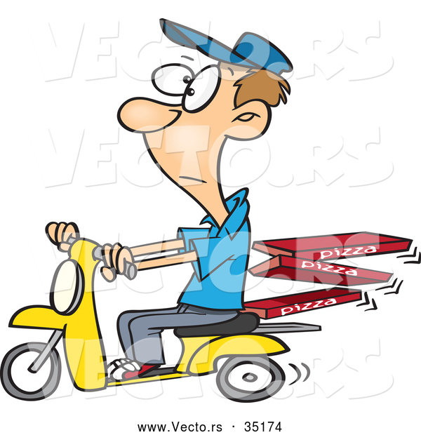 Vector of a Bored Cartoon Man Delivering Fresh Pizza on a Scooter