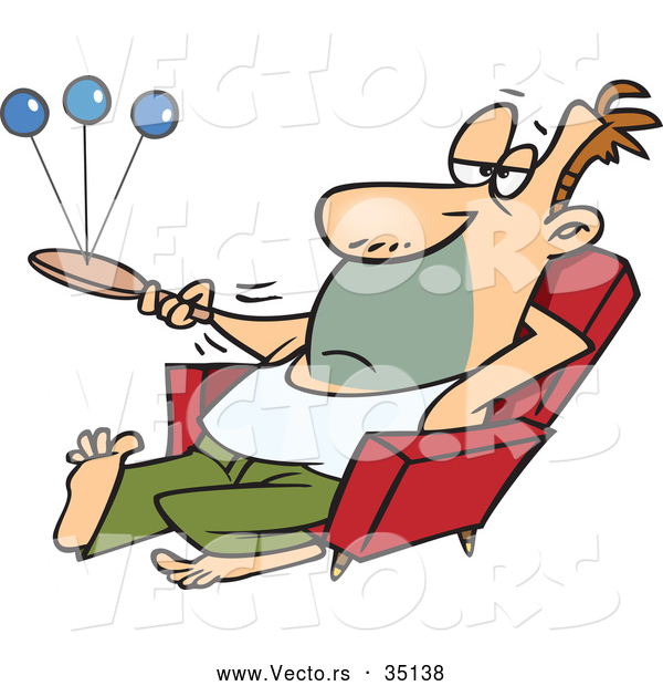 Vector of a Bored Cartoon Man Playing Paddle Ball While Sitting in a Chair