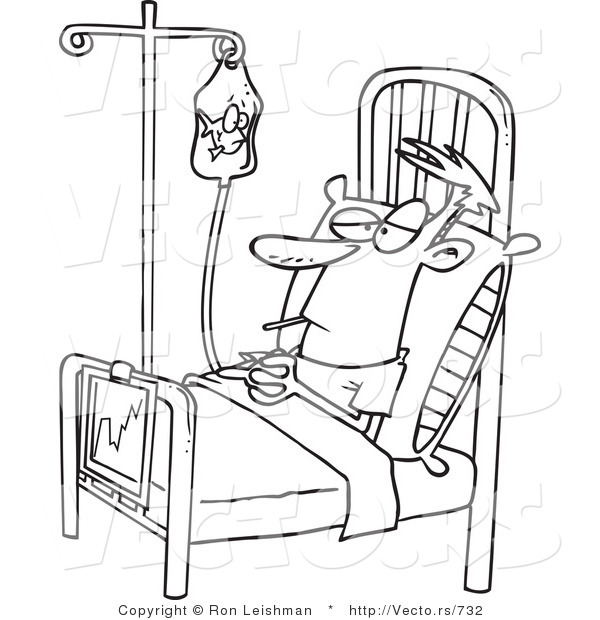 Vector of a Bored Cartoon Patient IV Fluid Bag While Resting in a Hospital Bed - Line Drawing