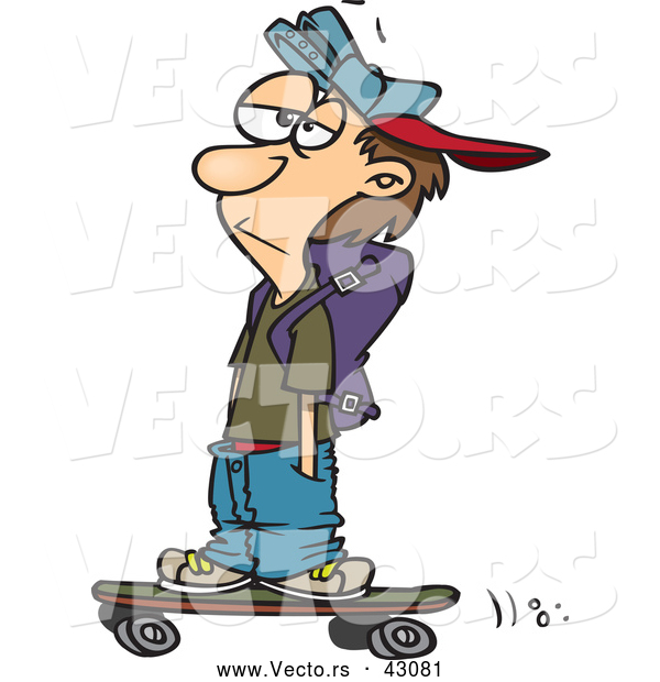 Vector of a Bored Cartoon Teenage Boy Skateboarding with His Hands in His Pockets