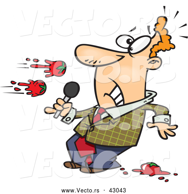 Vector of a Boring Cartoon Male Comedian Getting Tomatoes Thrown at Him on Stage