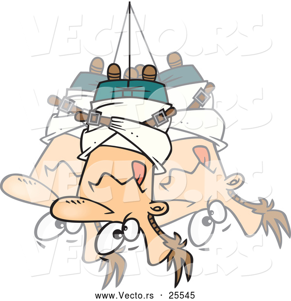 Vector of a Bound Cartoon Man Hanging Upside down from a Rope in a Straitjacket