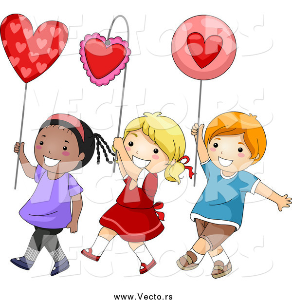 Vector of a Boy and Two Girls Walking with Hearts in a Parade