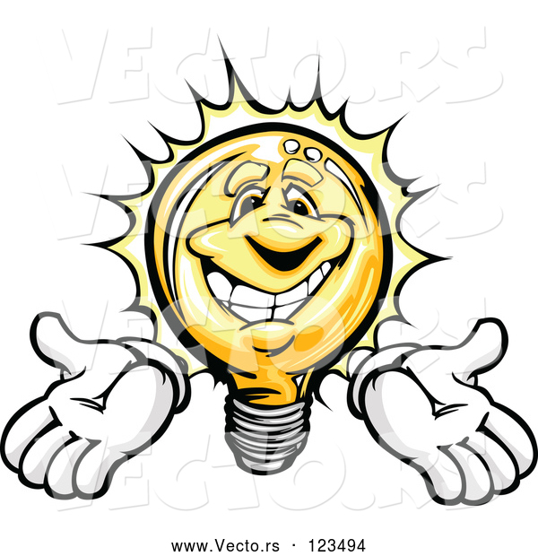 Vector of a Bright Cartoon Light Bulb Mascot Holding Arms out