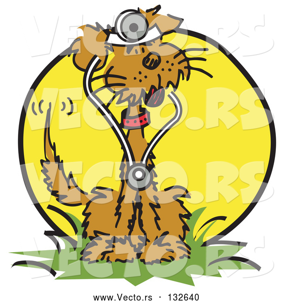 Vector of a Brown Cartoon Dog Sitting in Grass and Wearing a Stethoscope
