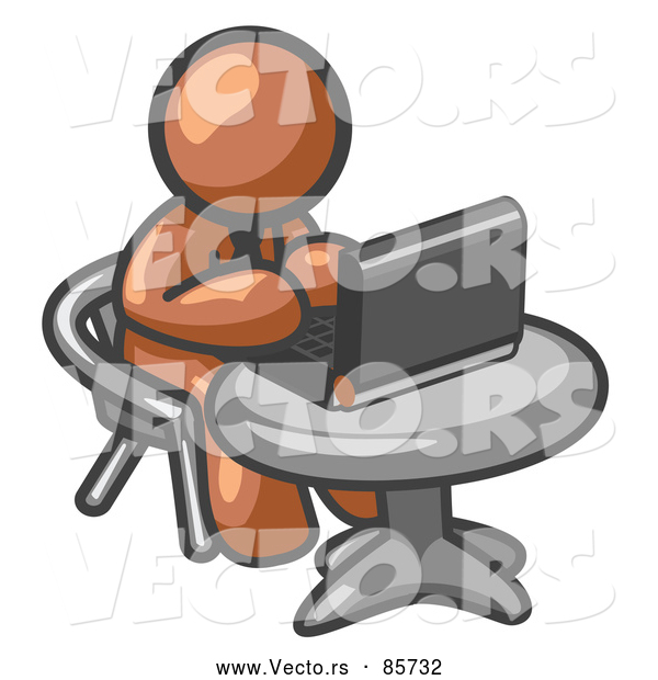 Vector of a Brown Character Working on Laptop at Table