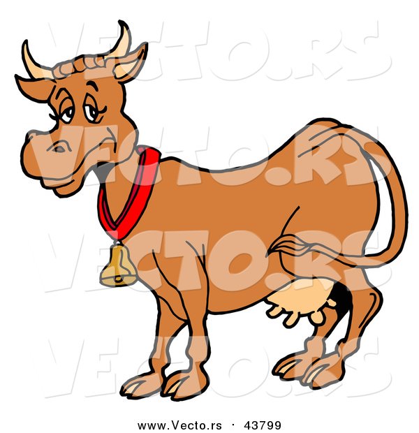 Vector of a Brown Dairy Cow with Full Udders, Wearing a Bell Around Its Neck