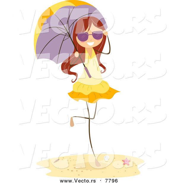 Vector of a Brunette Beach Stick Girl with a Parasol