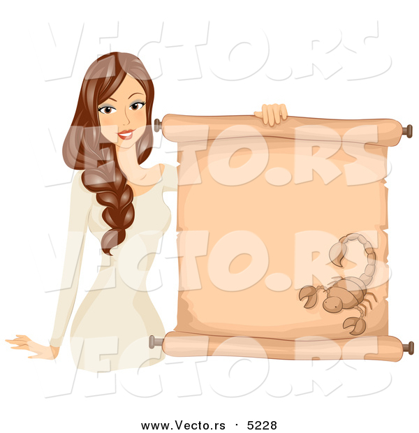Vector of a Brunette Caucasian Scorpio Woman Holding a Scroll Sign