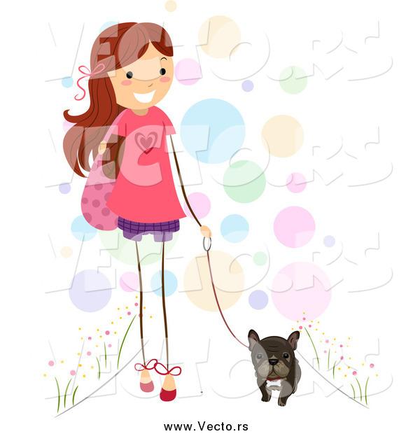 Vector of a Brunette Stick Girl Walking Her Brindle French Bulldog