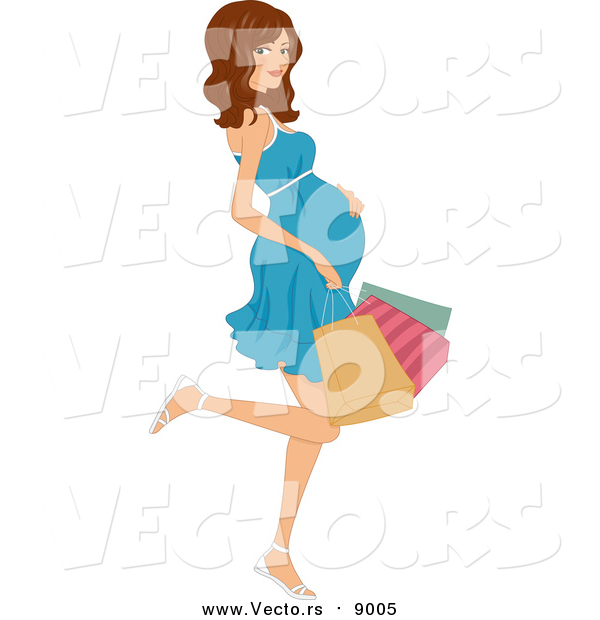 Vector of a Brunette White Pregnant Woman Kicking Back a Leg and Carrying Colorful Shopping Bags