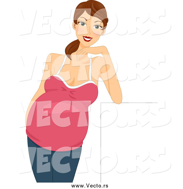 Vector of a Brunette White Pregnant Woman Leaning on a Sign