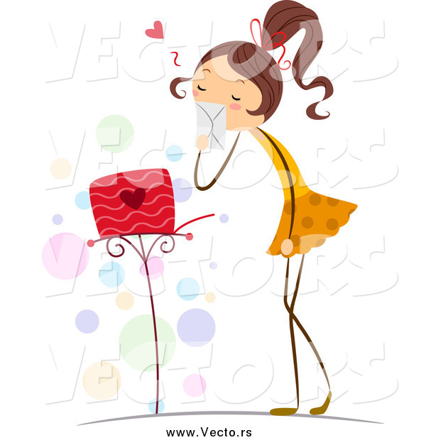 Vector of a Brunette White Stick Girl Holding a Love Letter by Her Mail Box