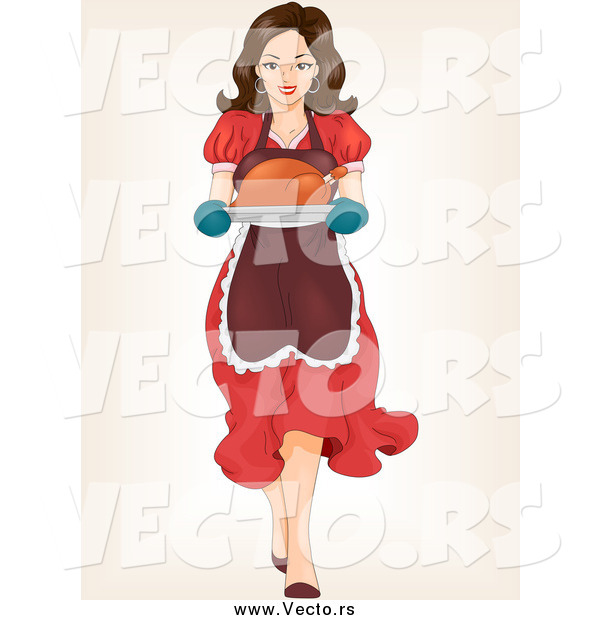 Vector of a Brunette White Woman Carrying a Roasted Turkey