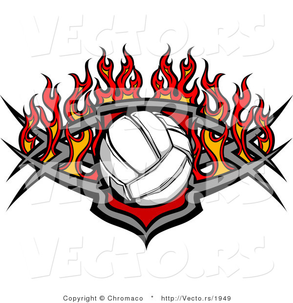 Vector of a Burning Volleyball over Shield Design